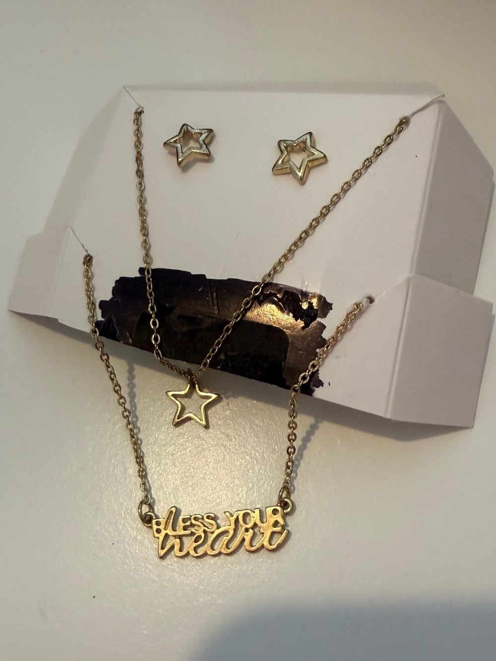 “bless your heart” gold 2 piece necklace and star stud earring set